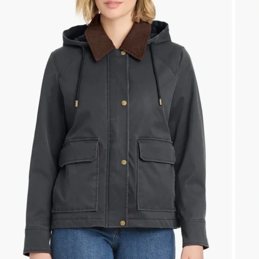 MODERN SUPPLY BY SANCTUARY HOODED WAXED JACKET BARN CHORE COAT CORDUROY‎ COLLAR - Picture 2 of 16